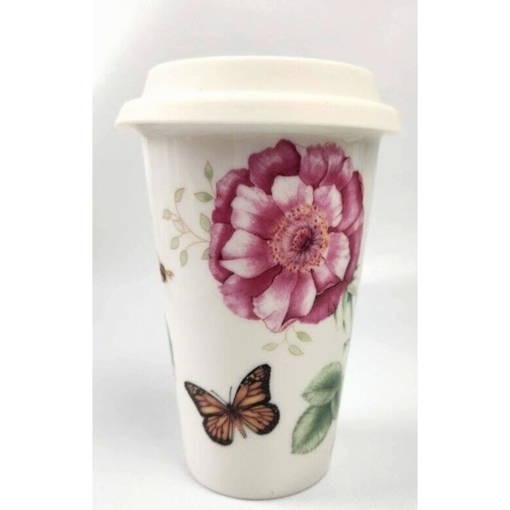 Lenox Butterfly Meadow Ceramic Coffee Tea Thermal Travel Mug -10 oz  With Lid